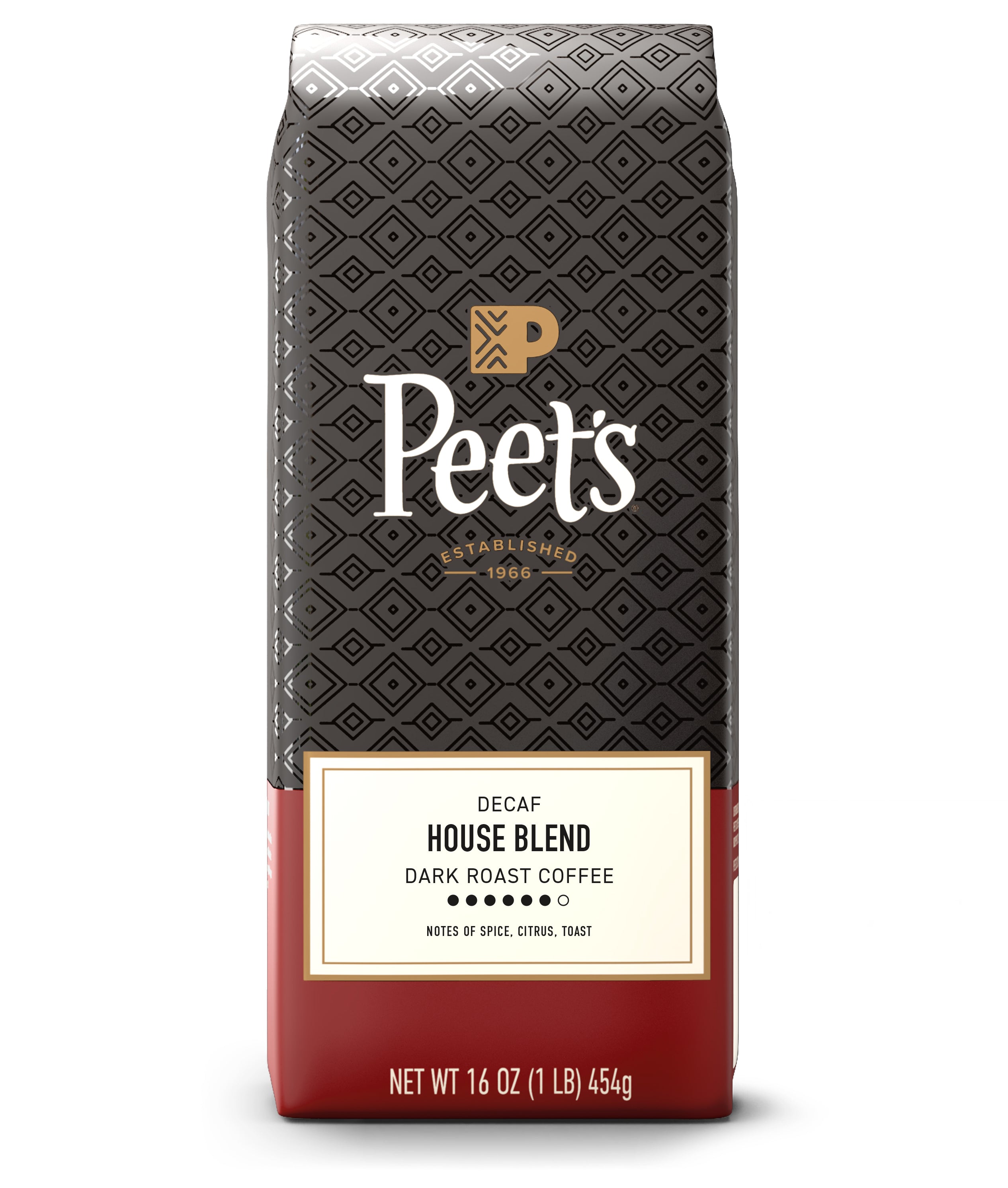 Peet's Decaf House Blend coffee package on a white background